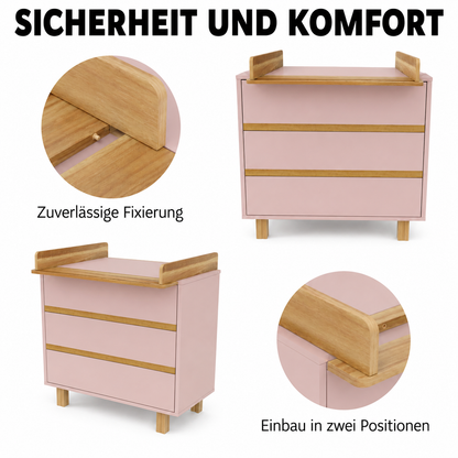 VILHA Wickelkommode mit sicher fixierbarem Wickelaufsatz und flexibler Montage in zwei Positionen