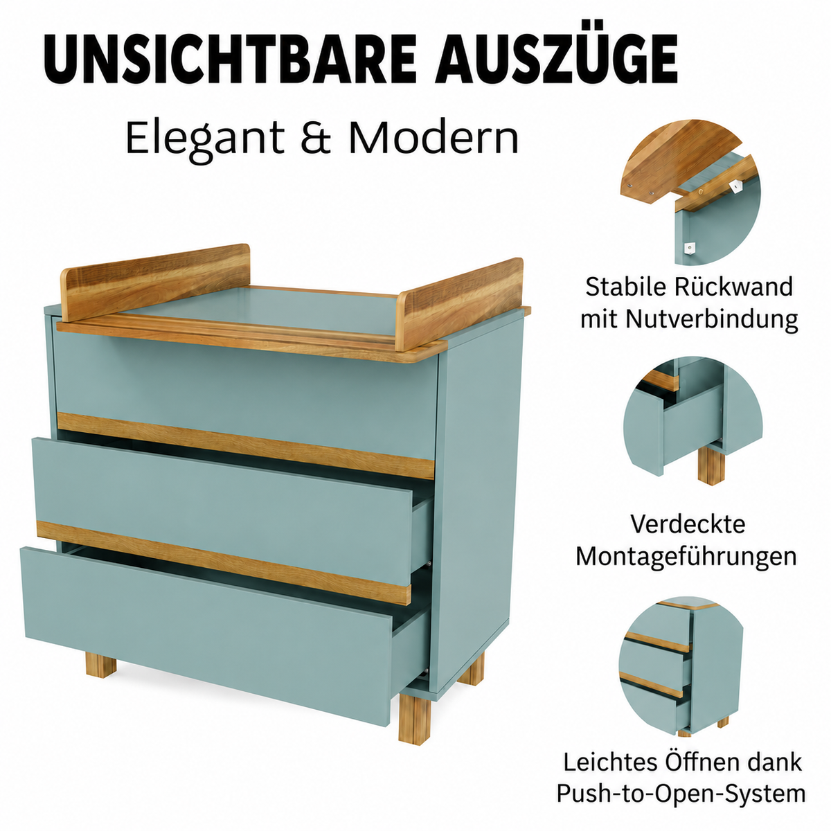 VILHA Wickelkommode mit verdeckten Schubladenauszügen, stabiler Rückwand und Push-to-Open-System in Dämmerblau