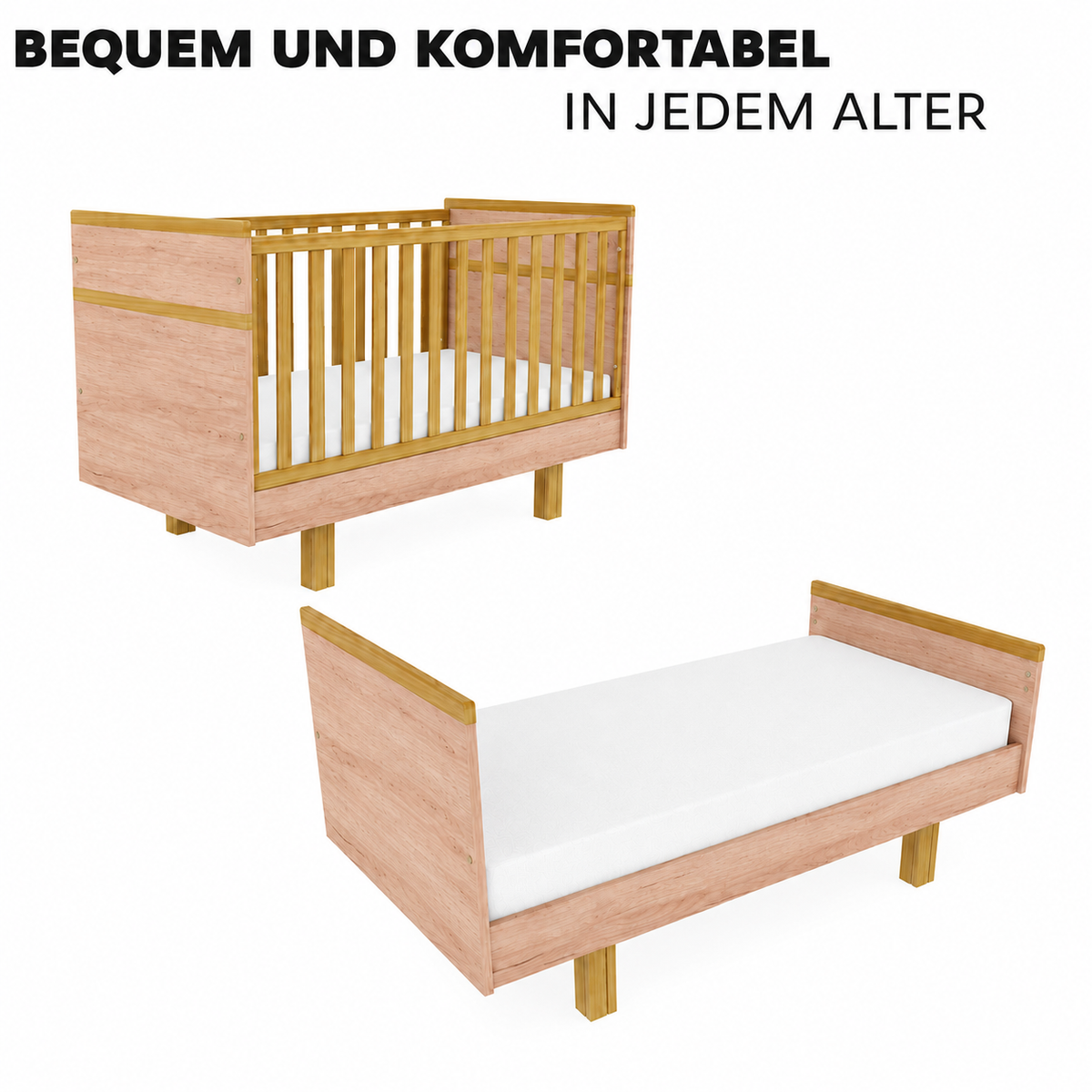 VILHA mitwachsendes Babybett 70x140 Eiche Kraft – als Gitterbett und später als offenes Kinderbett nutzbar