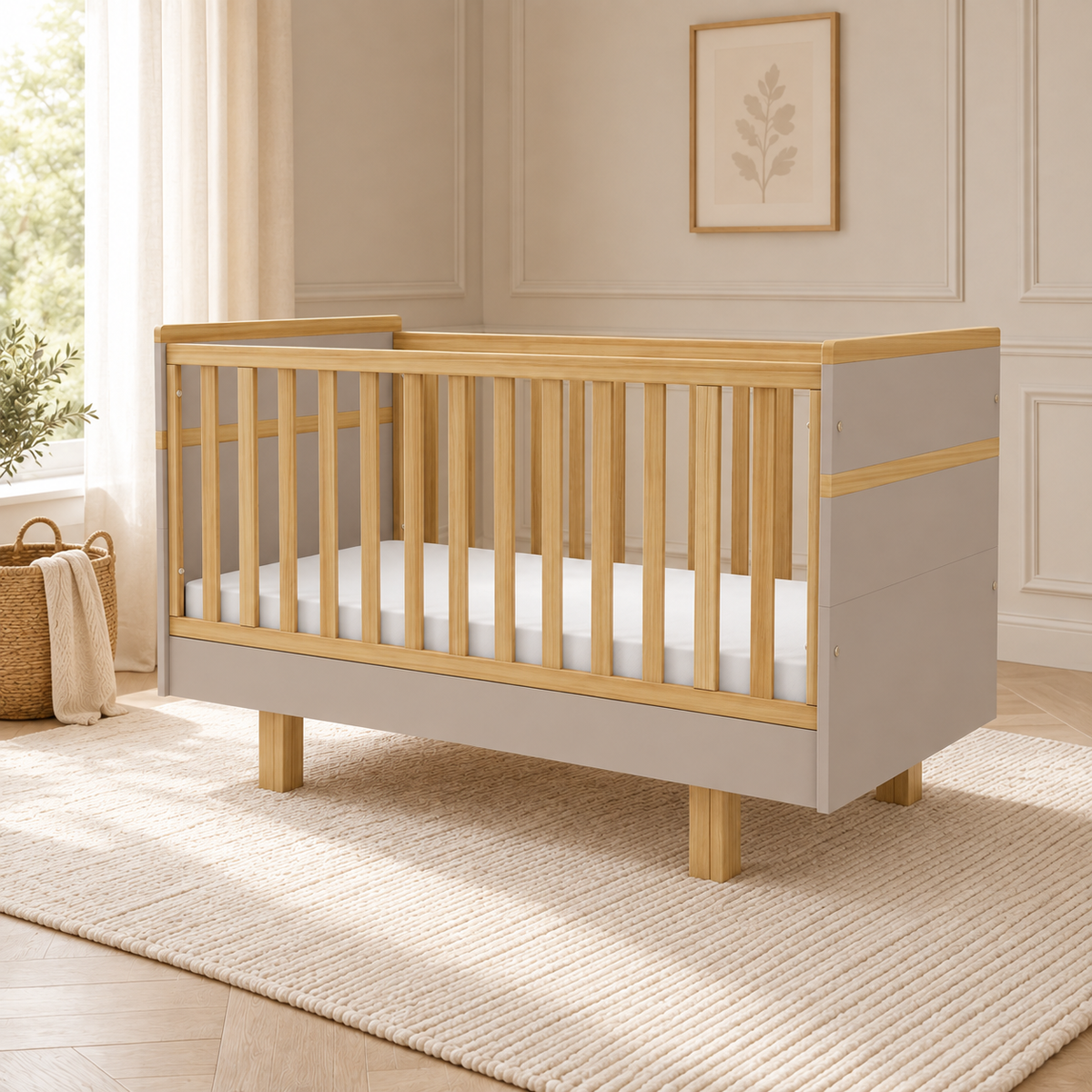 VILHA mitwachsendes Babybett 70x140 cm in Lehmgrau und Naturholz in ruhigem, modernem Babyzimmer