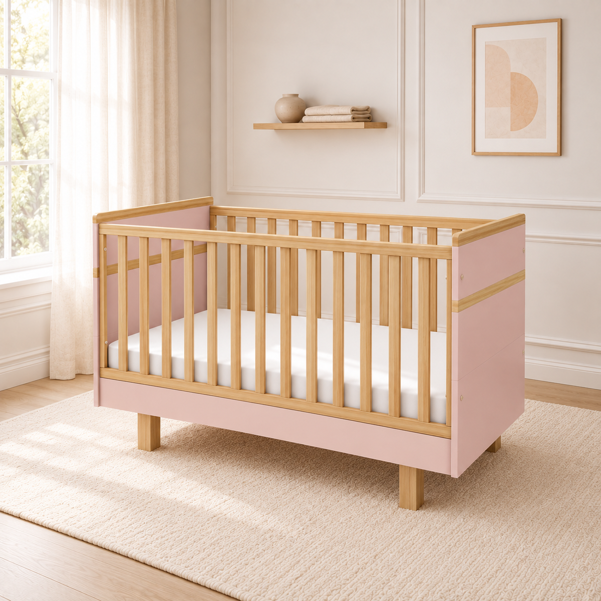 VILHA mitwachsendes Babybett 70x140 cm in Puderrosa und Naturholz in elegantem Babyzimmer mit sanften Farbtönen