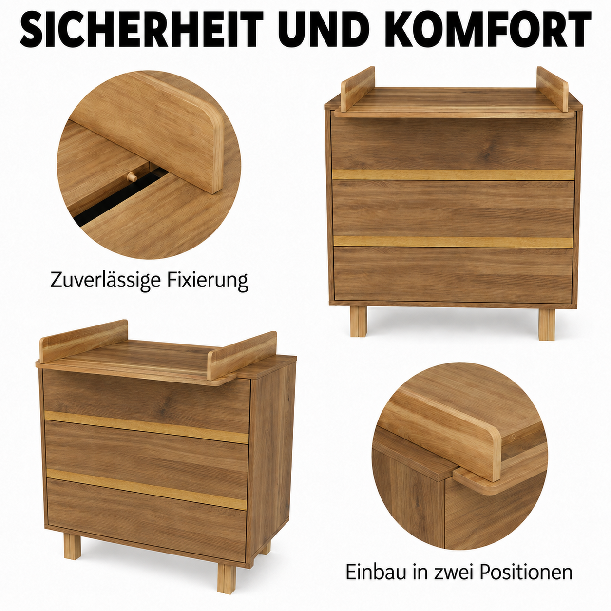 Vilha Wickelkommode Eiche Castello mit sicher befestigtem Wickelaufsatz – Wickelaufsatz in zwei Positionen montierbar