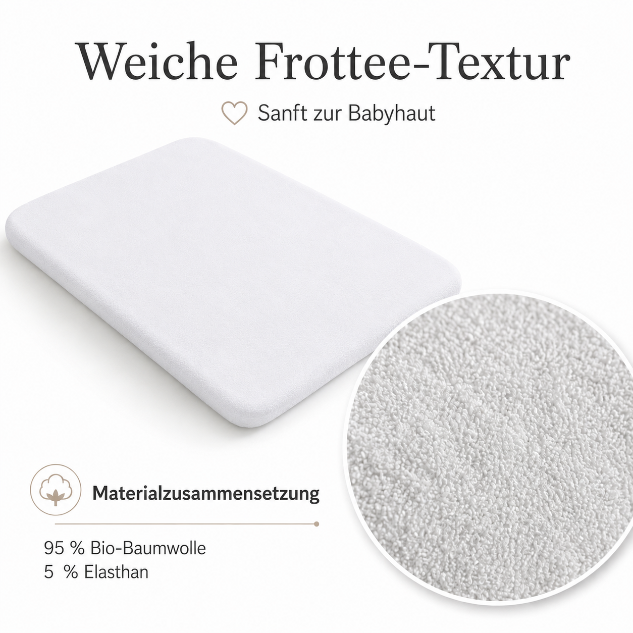 Weißer Wickelauflagenbezug mit weicher Frottee-Textur aus 95 Prozent Baumwolle und 5 Prozent Elasthan