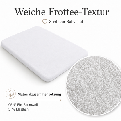 Weißer Wickelauflagenbezug mit weicher Frottee-Textur aus 95 Prozent Baumwolle und 5 Prozent Elasthan