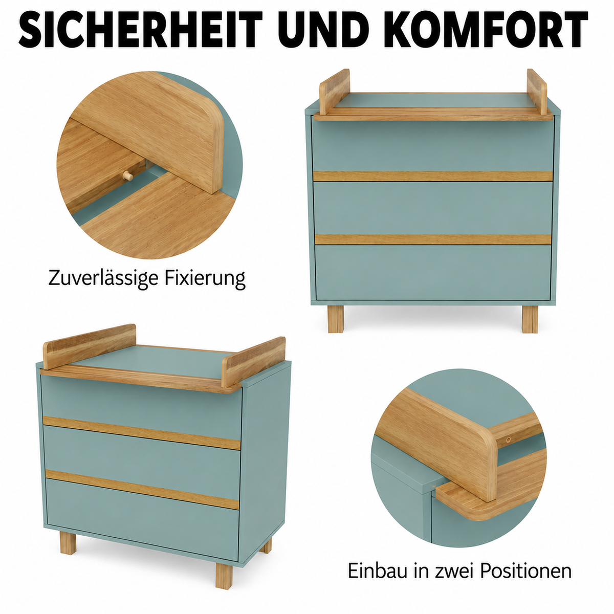 Wickelkommode Dämmerblau mit sicher fixierbarem Wickelaufsatz und Montage in zwei Positionen – VILHA Funktionsdetail