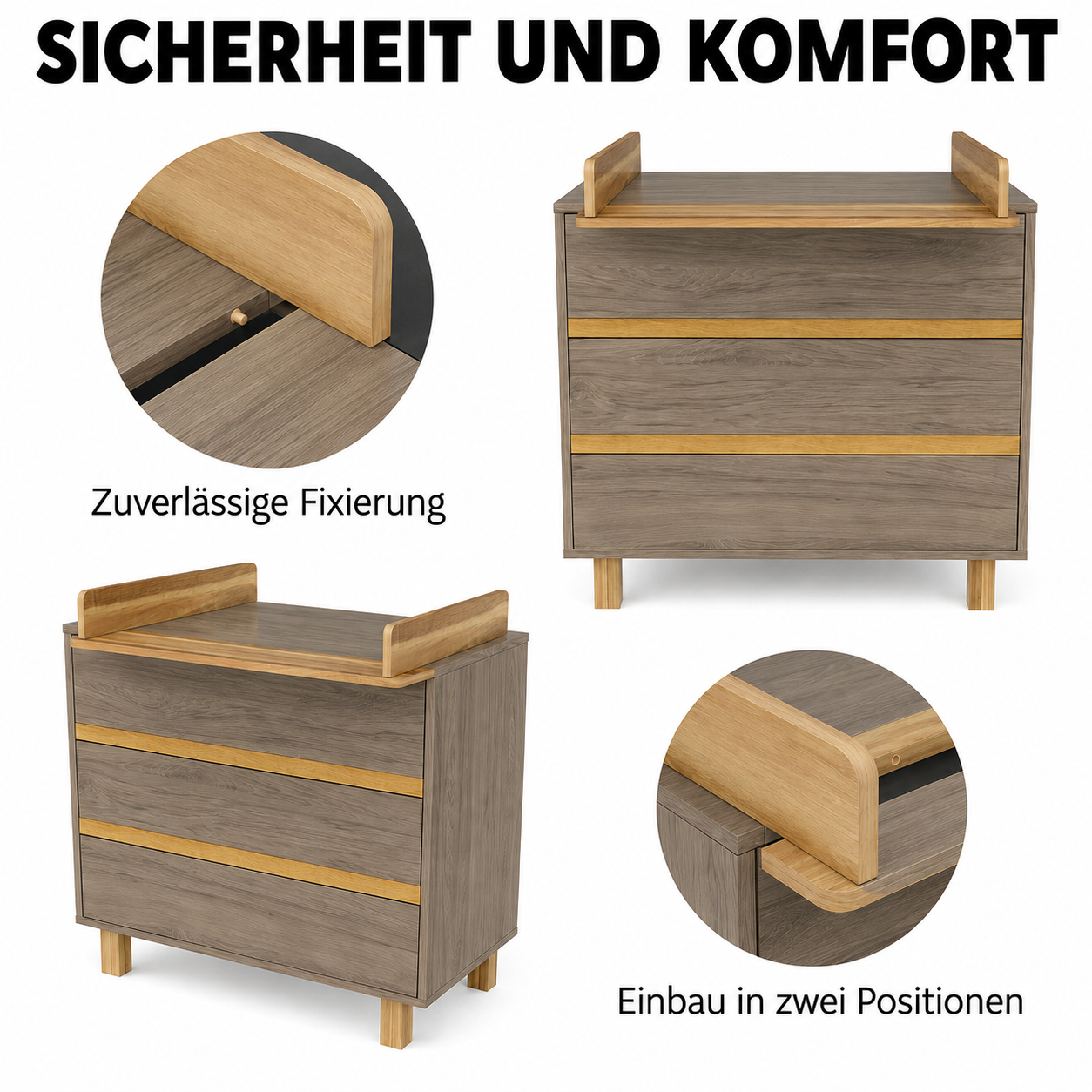 Wickelkommode Dunkelhickory mit sicher fixiertem Wickelaufsatz und flexibel montierbarer Wickelfläche