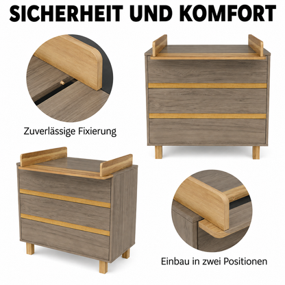 Wickelkommode Dunkelhickory mit sicher fixiertem Wickelaufsatz und flexibel montierbarer Wickelfläche