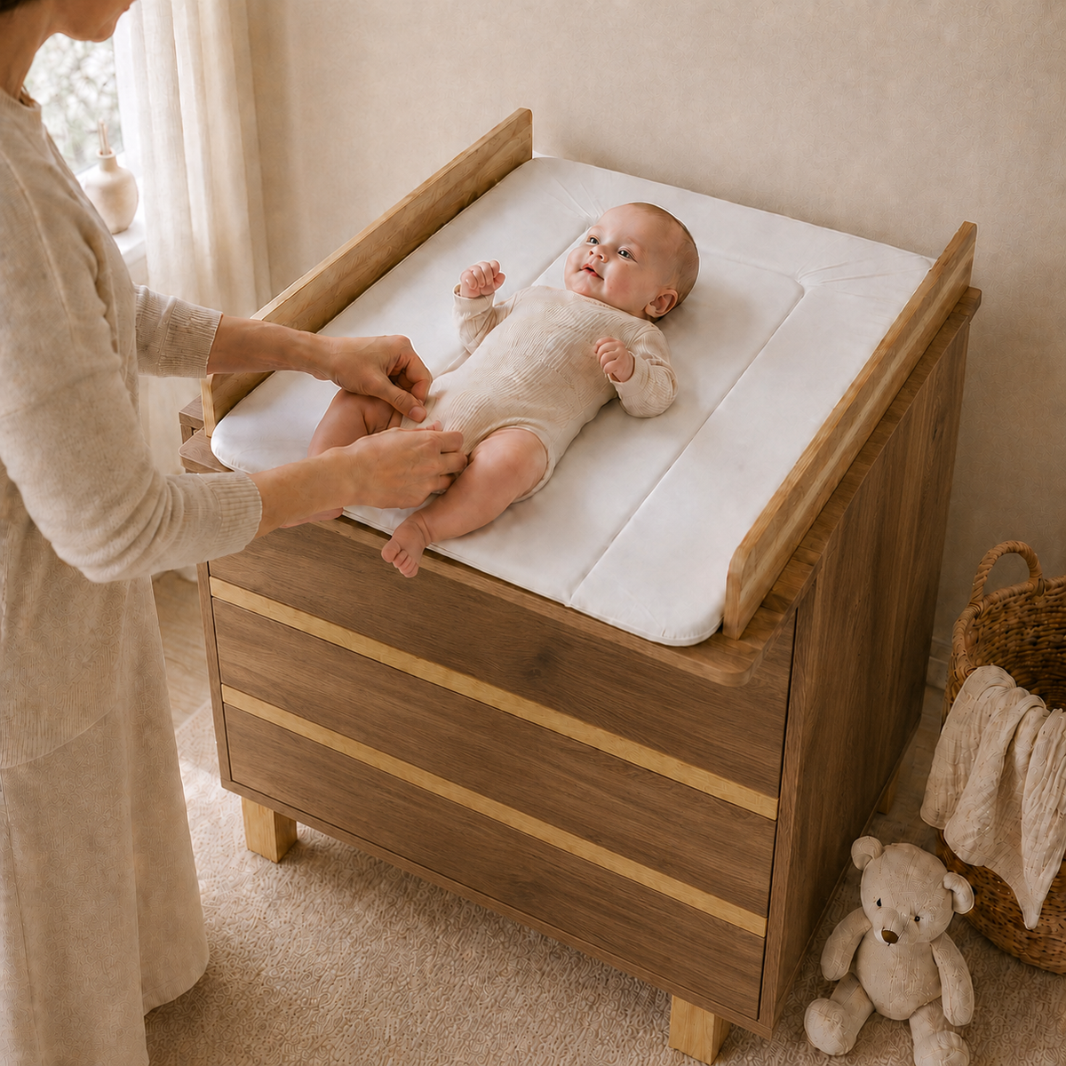 Wickelkommode Eiche Castello mit Wickelaufsatz und Wickelauflage – komfortabler Wickelplatz im Babyzimmer