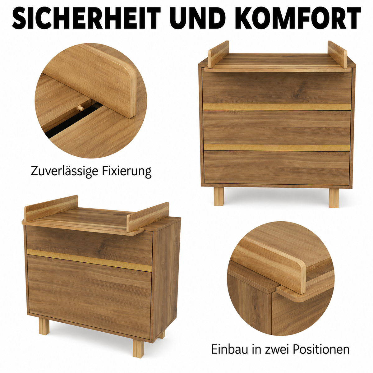 Wickelkommode Eiche Castello mit sicher befestigtem Wickelaufsatz – Wickelaufsatz in zwei Positionen montierbar