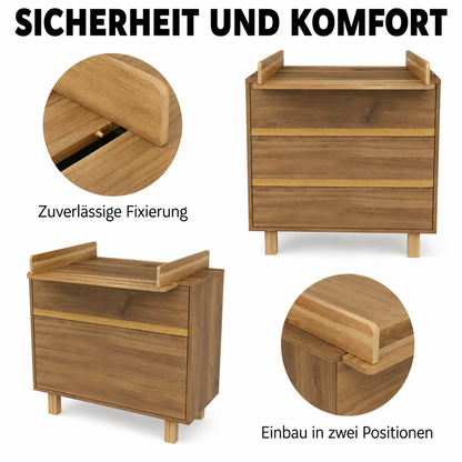 Wickelkommode Eiche Castello mit sicher befestigtem Wickelaufsatz – Wickelaufsatz in zwei Positionen montierbar