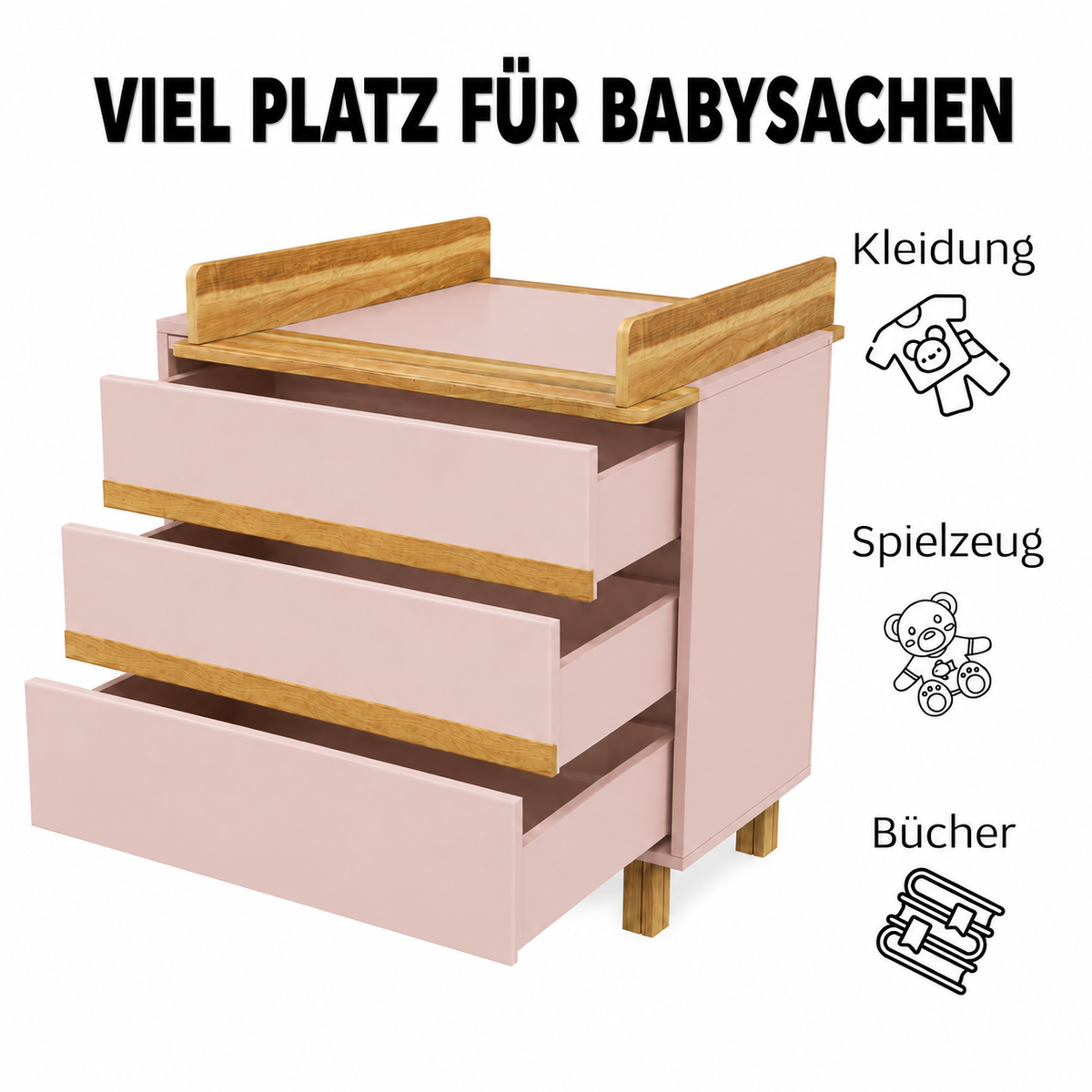 Wickelkommode Puderrosa mit drei geräumigen Schubladen für Babykleidung, Wickelzubehör und Spielzeug