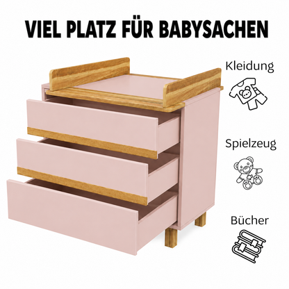 Wickelkommode Puderrosa mit drei geräumigen Schubladen für Babykleidung, Wickelzubehör und Spielzeug