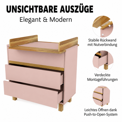 Wickelkommode Puderrosa mit verdeckten Schubladenauszügen, stabiler Rückwand und Push-to-Open-System