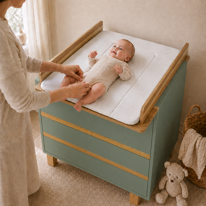 VILHA Wickelkommode Rauchgrün mit Wickelaufsatz – Baby beim Wickeln auf weißer Wickelauflage mit Naturholzdetails