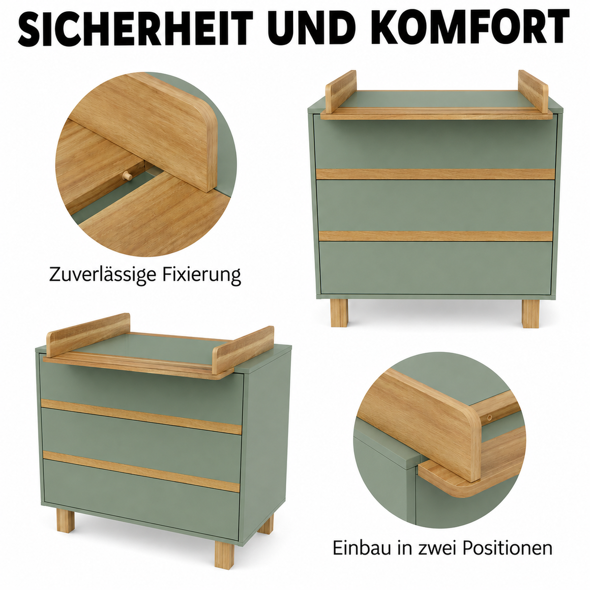 Wickelkommode Rauchgrün mit sicher fixierbarem Wickelaufsatz und Montage in zwei Positionen