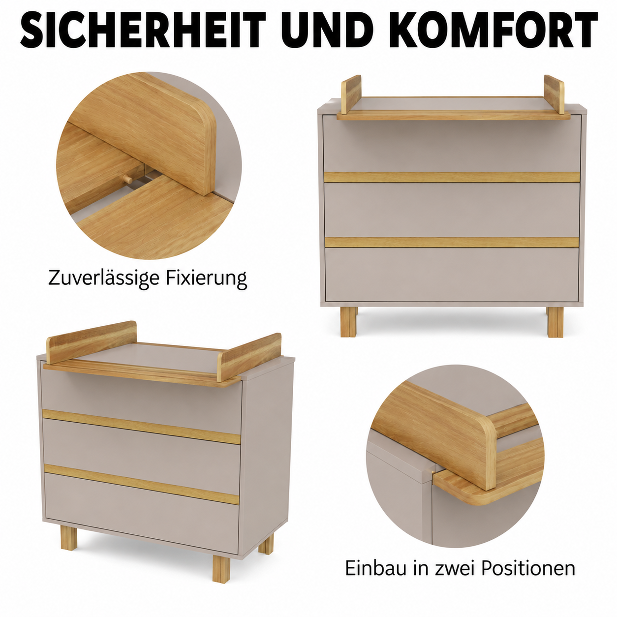 Wickelkommode VILHA in Lehmgrau mit sicher fixiertem Wickelaufsatz aus Massivholz und flexibler Montage in zwei Positionen