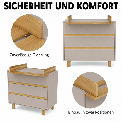Wickelkommode VILHA in Lehmgrau mit sicher fixiertem Wickelaufsatz aus Massivholz und flexibler Montage in zwei Positionen