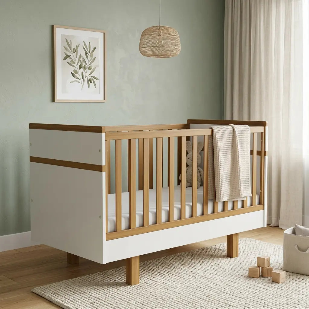 Mitwachsendes Babybett 70x140 aus Holz in Weiß Natur. Sicheres Vilha Kinderbett mit Umbaufunktion und modernem Design. Jetzt online in Deutschland kaufen