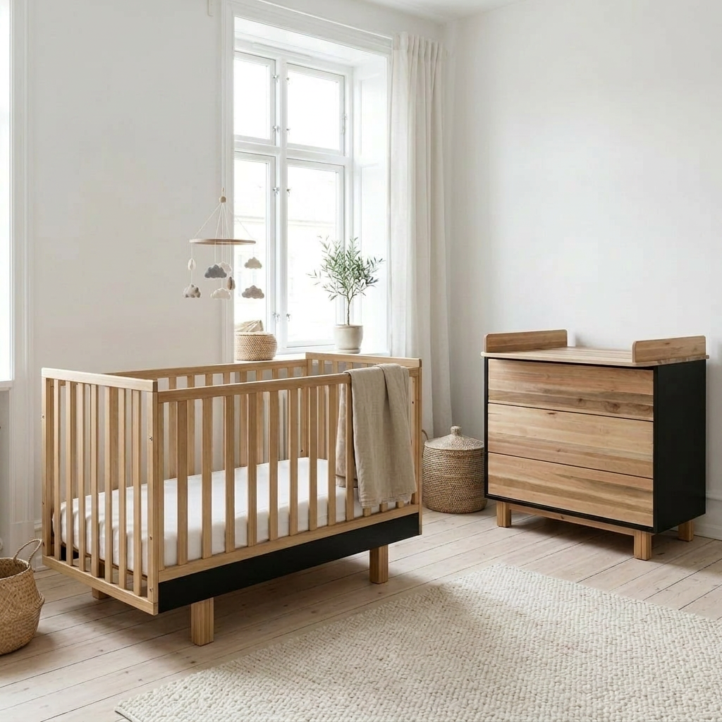 Babyzimmer Vilha Kommode 90 & Babybett 70x140 natur/graphit