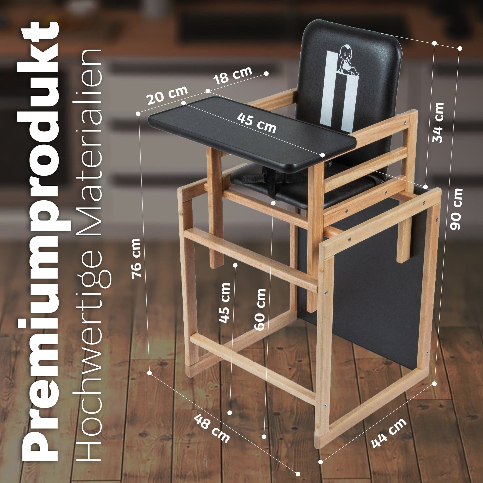 Kombi - Hochstuhl Schwarz/natur, 2 - in - 1 Babyhochstuhl aus Holz - Vilha