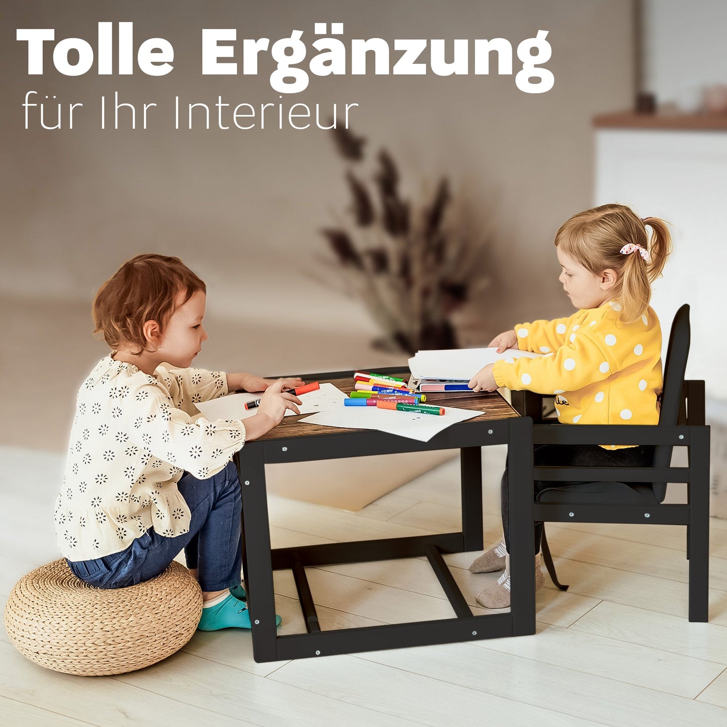 Kombi - Hochstuhl Schwarz/natur, 2 - in - 1 Babyhochstuhl aus Holz - Vilha