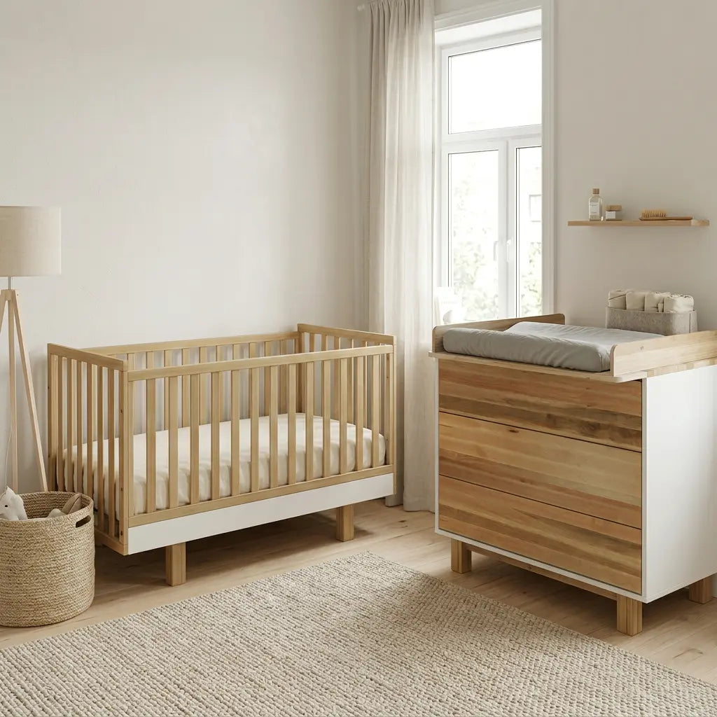 Kinderbett Holz 70x140 natur/weiß – Mitwachsend & Sicher für Ihr Baby Vilha