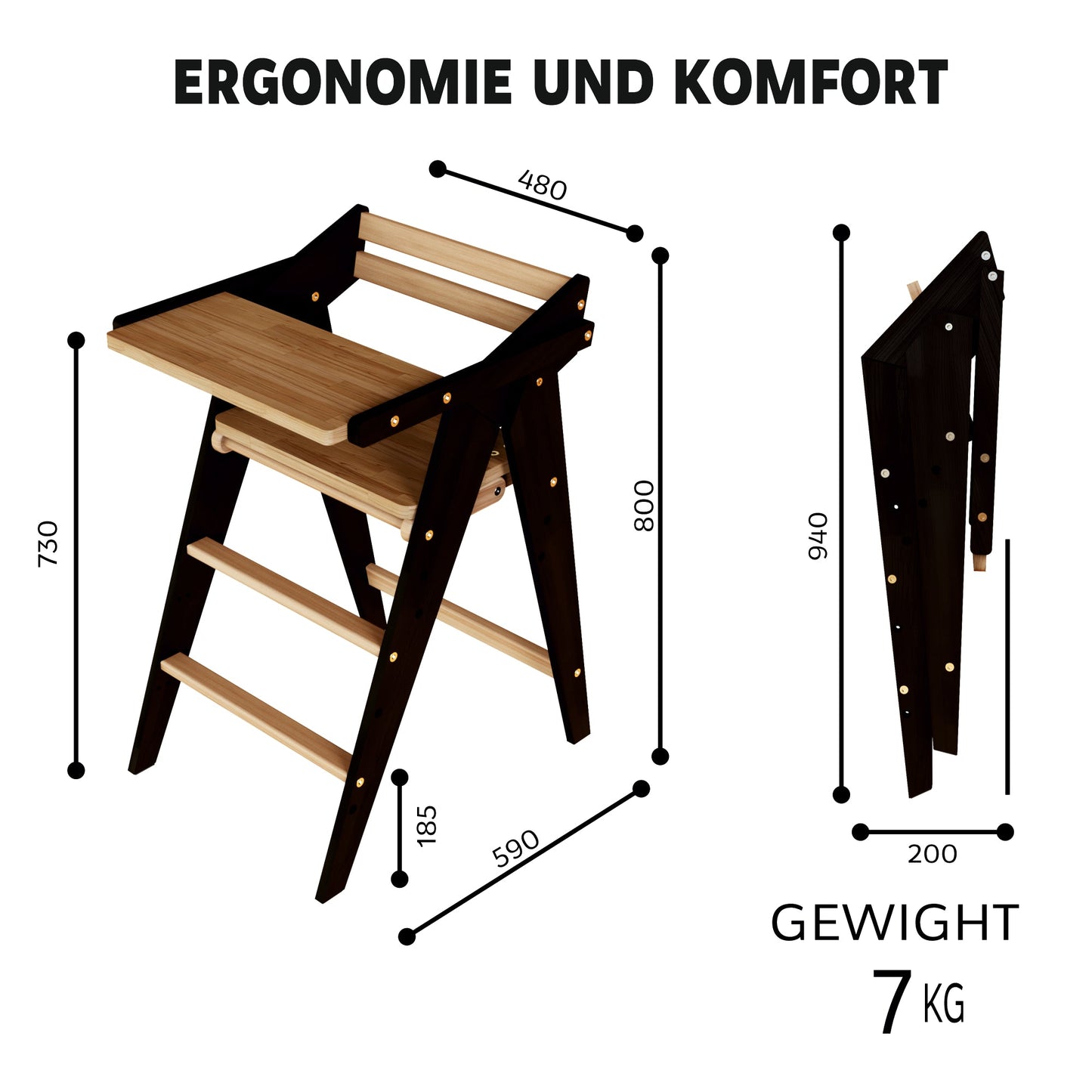 Vilha Babyhochstuhl HOKU klappbar aus Massivholz graphit/natur - Vilha
