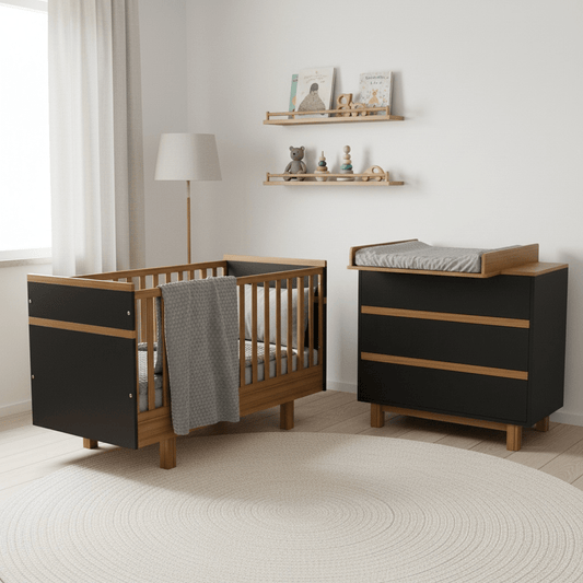 Vilha Babyzimmer Set mit Babybett und Wickelkommode graphit/natur - Vilha