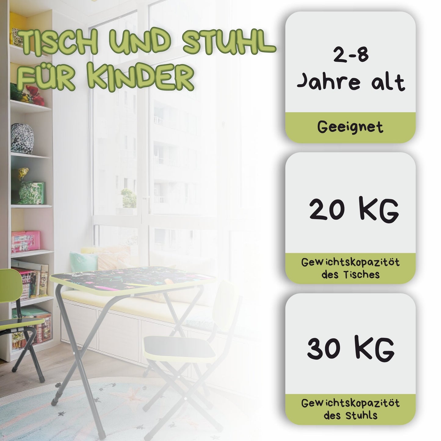 VILHA Kindertisch mit 2 Stühlen klappbar Alphabet grün - Vilha