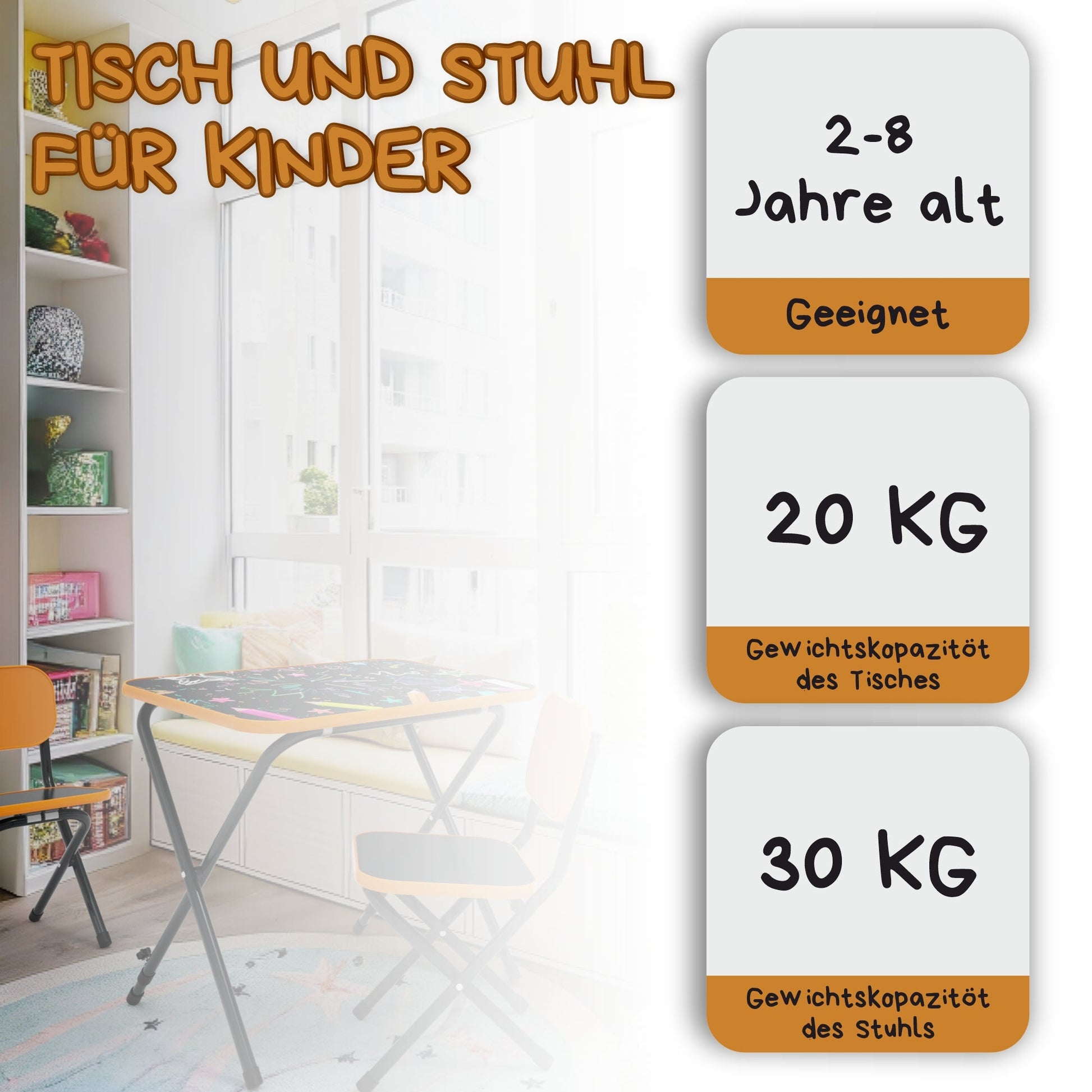 VILHA Kindertisch mit 2 Stühlen klappbar Kreativ orange - Vilha