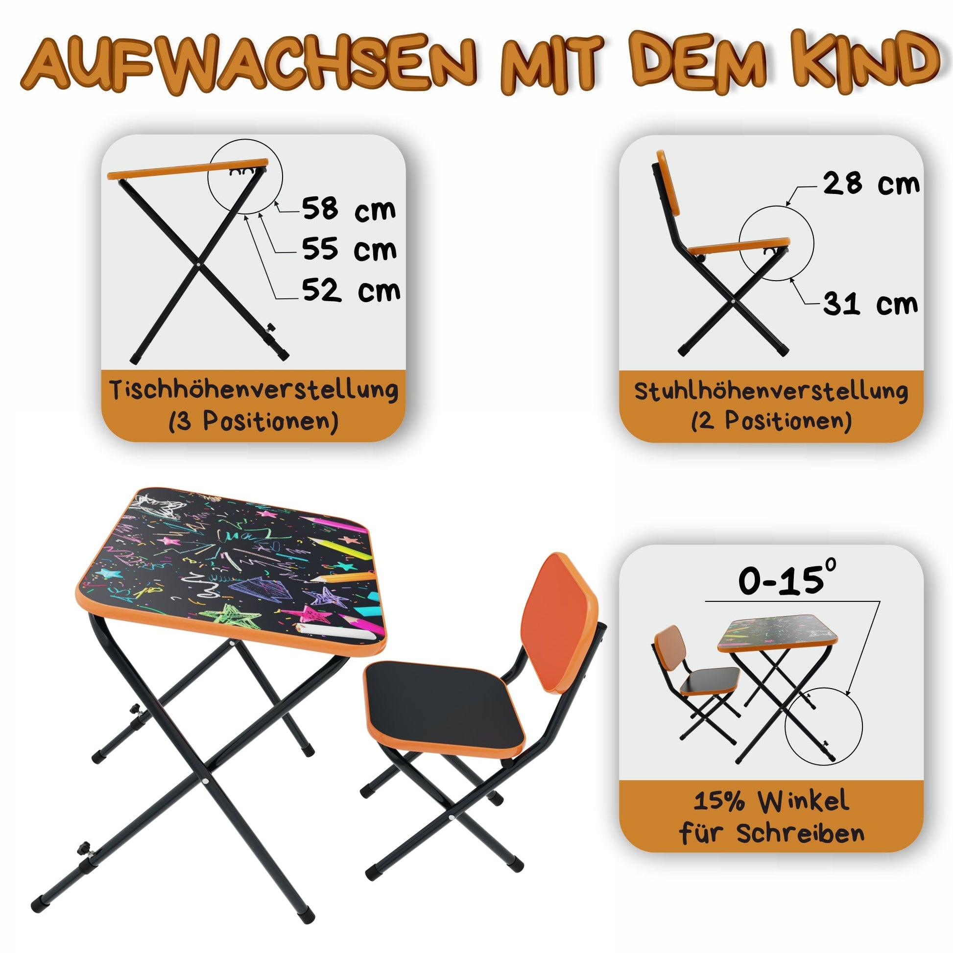 VILHA Kindertisch mit 2 Stühlen klappbar Kreativ orange - Vilha