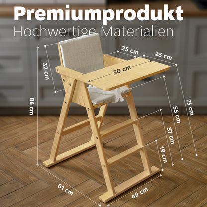 VILHA Klapp - Treppenhochstuhl, Baby Hochstuhl aus massivem Holz mit Sitzkissen, Holz Essbrett und Schutzbügel, 3 - Punkt - Gurt und Schrittgurt, natur montiert - Vilha