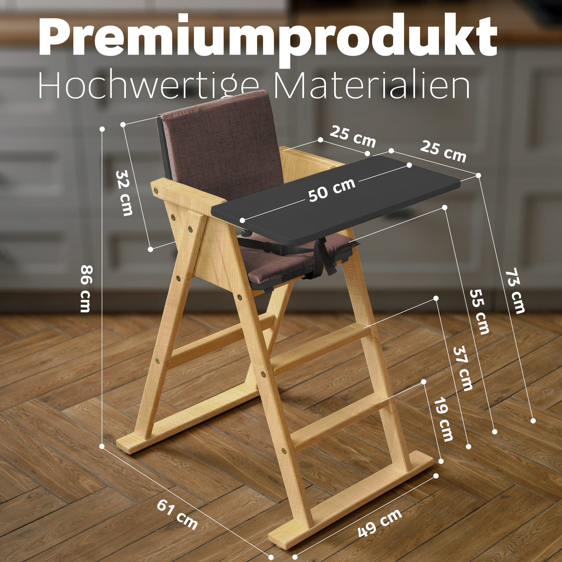 VILHA Klapp - Treppenhochstuhl, Baby Hochstuhl aus massivem Holz mit Sitzkissen, Holz Essbrett und Schutzbügel, 3 - Punkt - Gurt und Schrittgurt, natur/anthrazit - Vilha